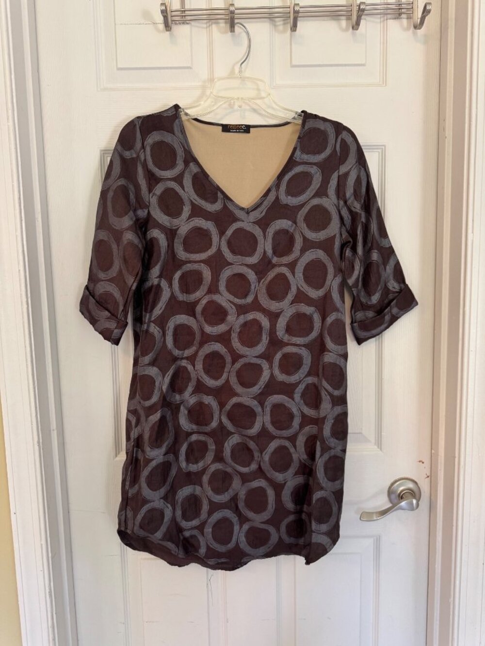 Renee C Brown Tunic Mini Dress Gray Circle V-Neck 3/4 Sleeves USA Lined Small